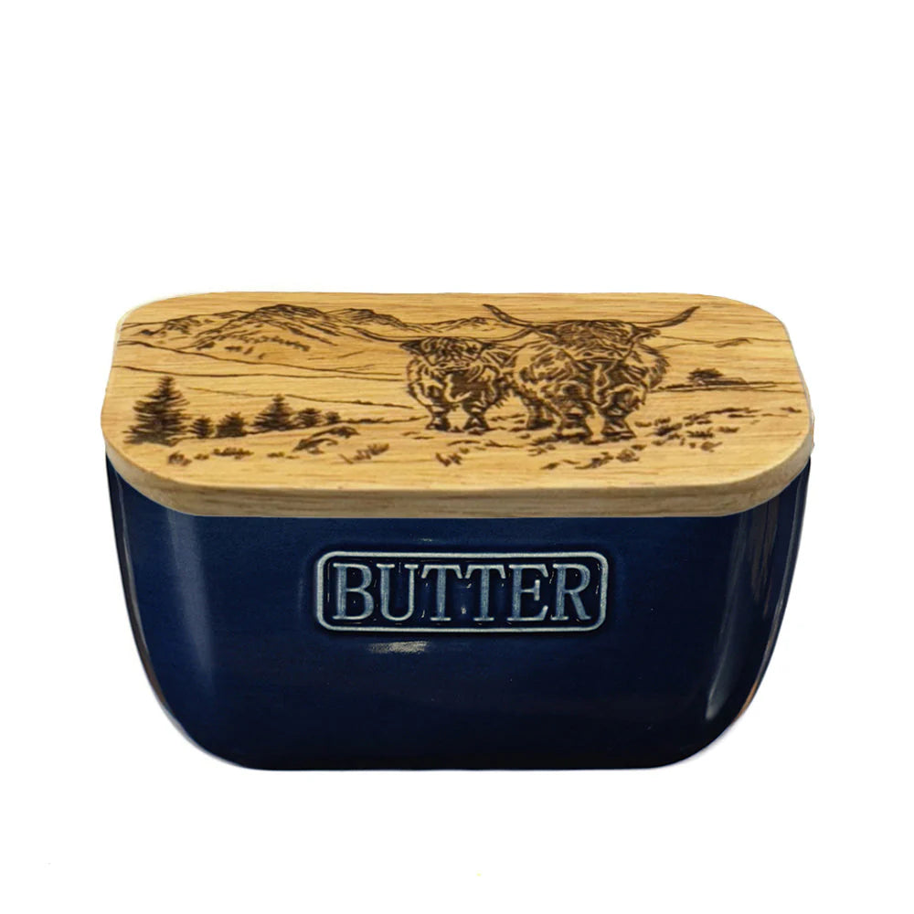 Scenic Highland Cow Oak & Ceramic Blue Butter Dish