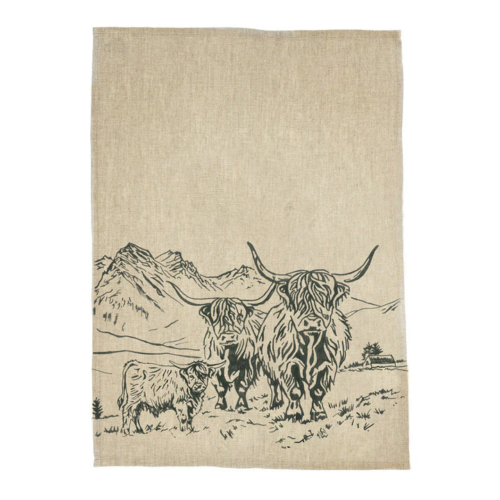 Scenic Highland Cow Linen Tea Towel
