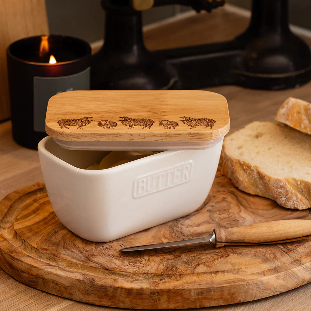 Sheep Oak & Ceramic White Butter Dish