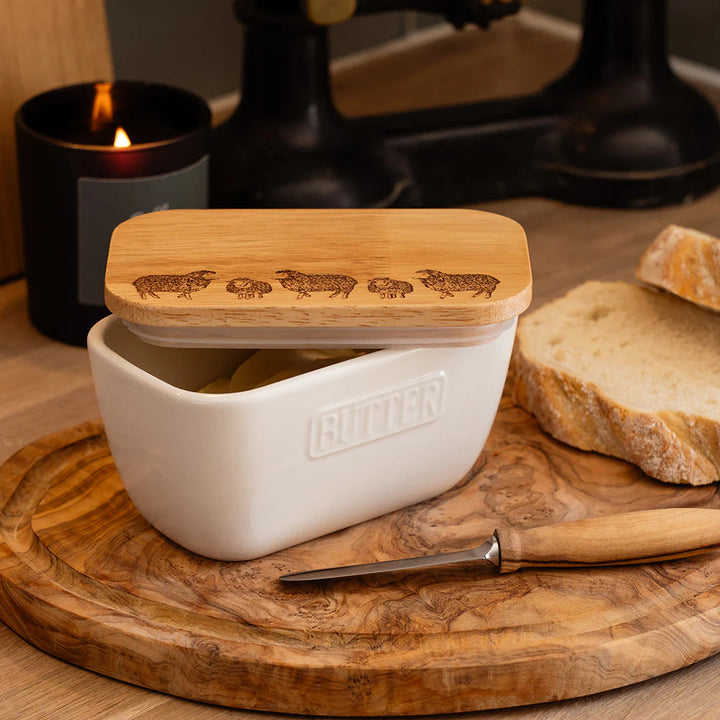 Sheep Oak & Ceramic White Butter Dish