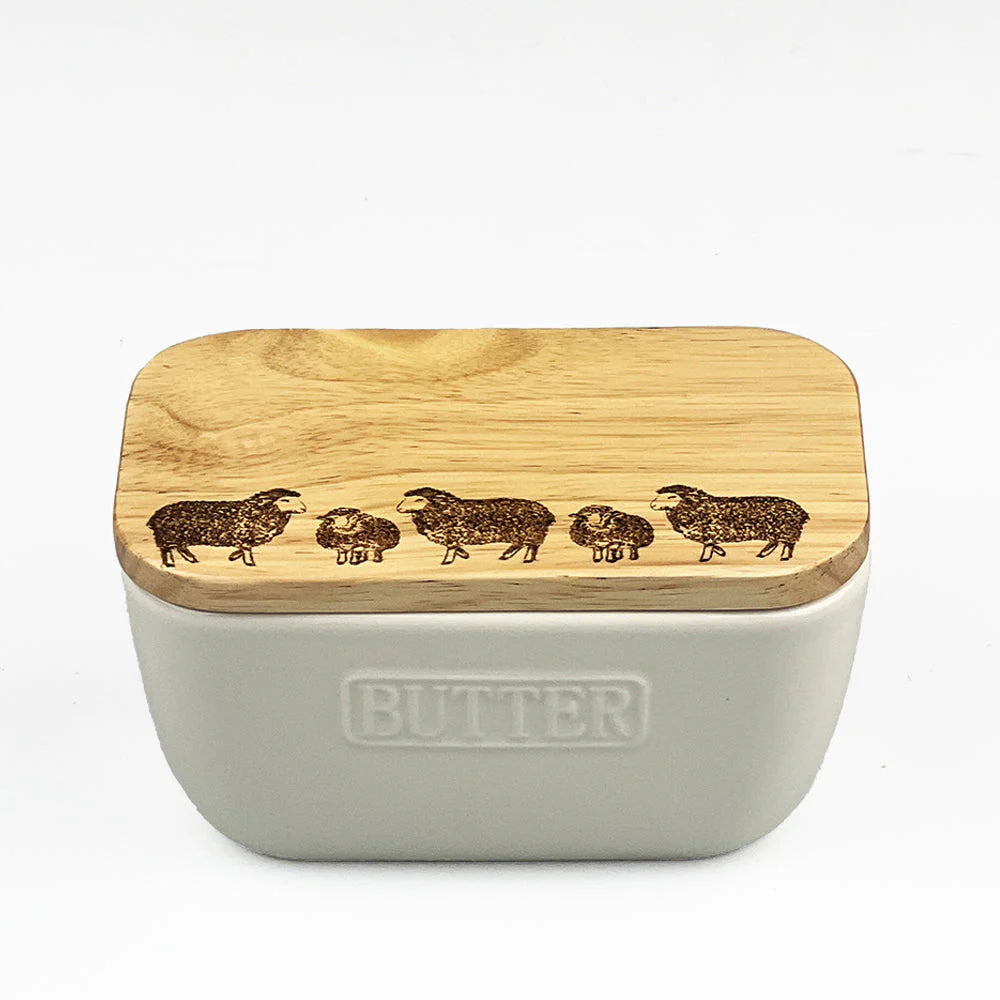 Sheep Oak & Ceramic White Butter Dish
