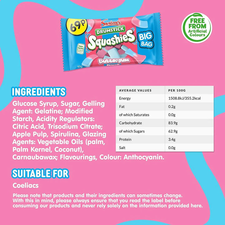 Swizzels Drumstick Bubblegum Flavor Squashies 60g Snack Size