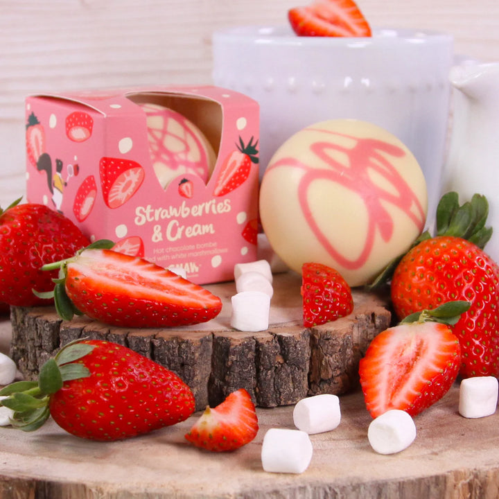 Strawberries & Cream White Chocolate Hot Chocolate Bombe Filled with White Marshmallows
