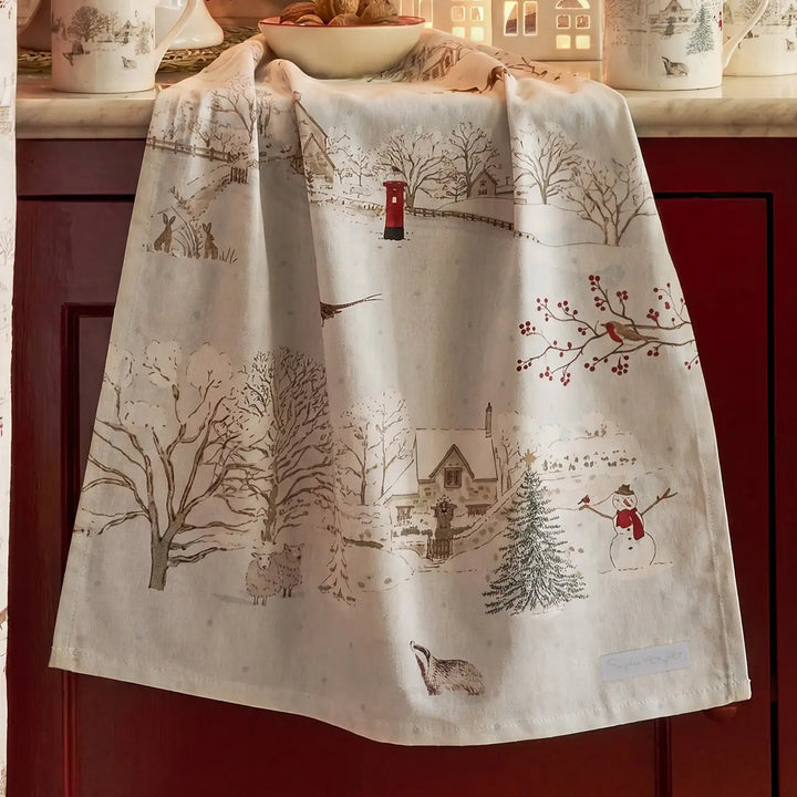 Snowy Village Scene Tea Towel