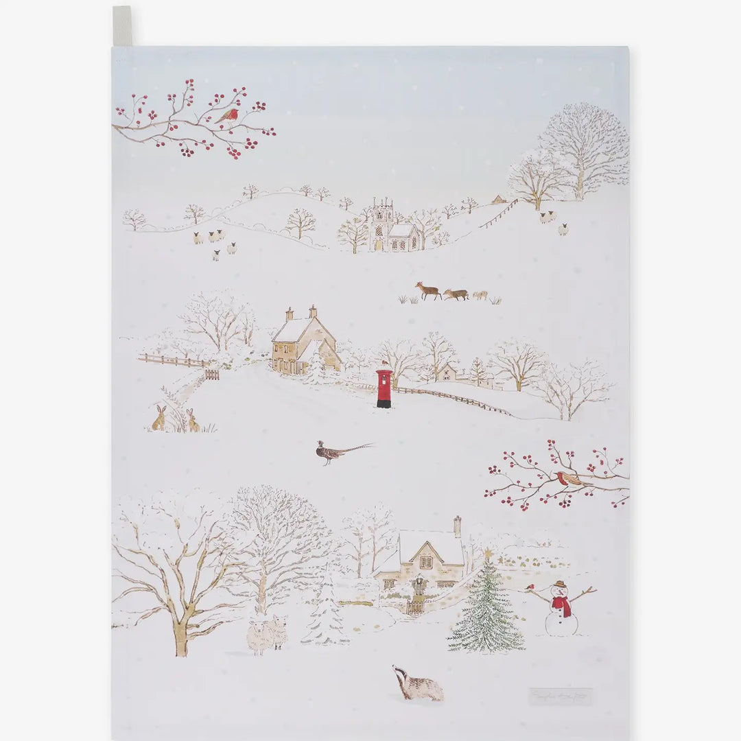 Snowy Village Scene Tea Towel