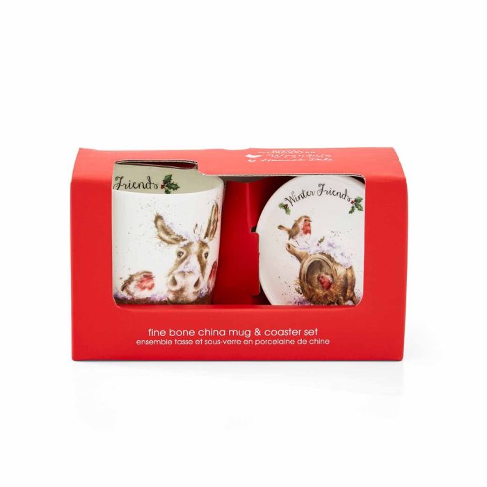 'Winter Friends' Donkey & Robin Fine Bone China Mug & Coaster Set