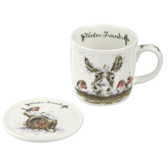 'Winter Friends' Donkey & Robin Fine Bone China Mug & Coaster Set