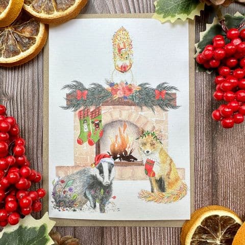 Woodland Animals Christmas Fireplace Eco-Friendly Card