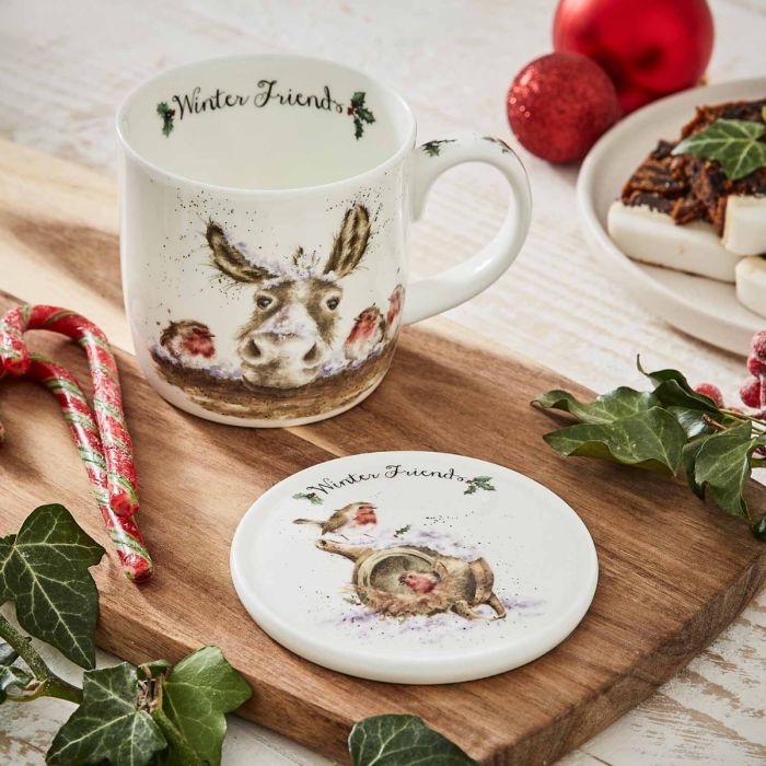 'Winter Friends' Donkey & Robin Fine Bone China Mug & Coaster Set