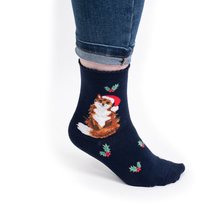 'Festive Fox' Navy Socks