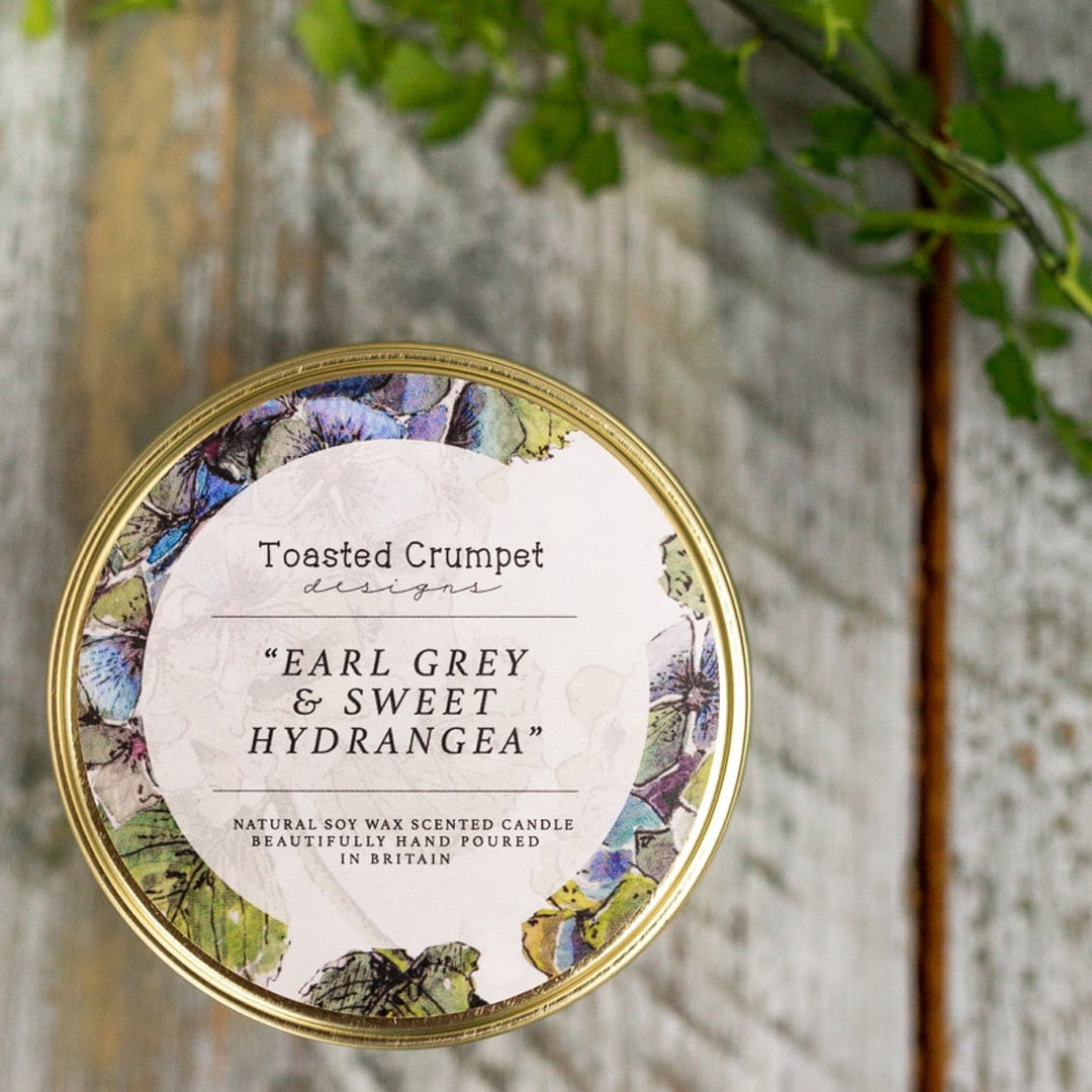 Earl Grey & Sweet Hydrangea Candle in a Matt Gold Tin by Toasted Crumpet.