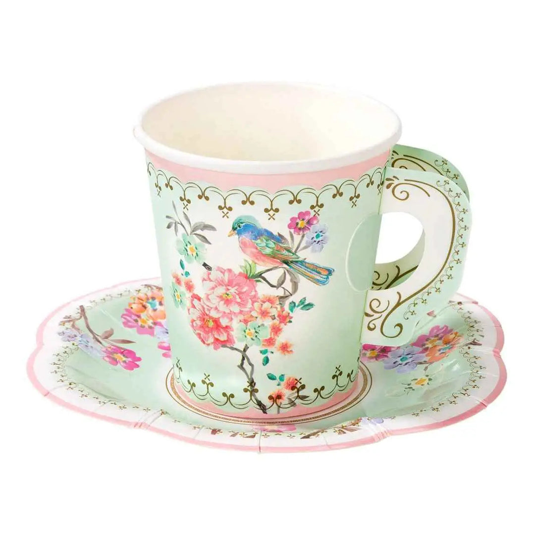 Vintage Paper Teacups and Saucers Set - 12 pack 