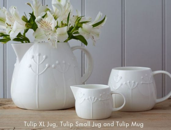 Repeat Repeat's White Bone China Tulip Sprig large jug. Made in England.