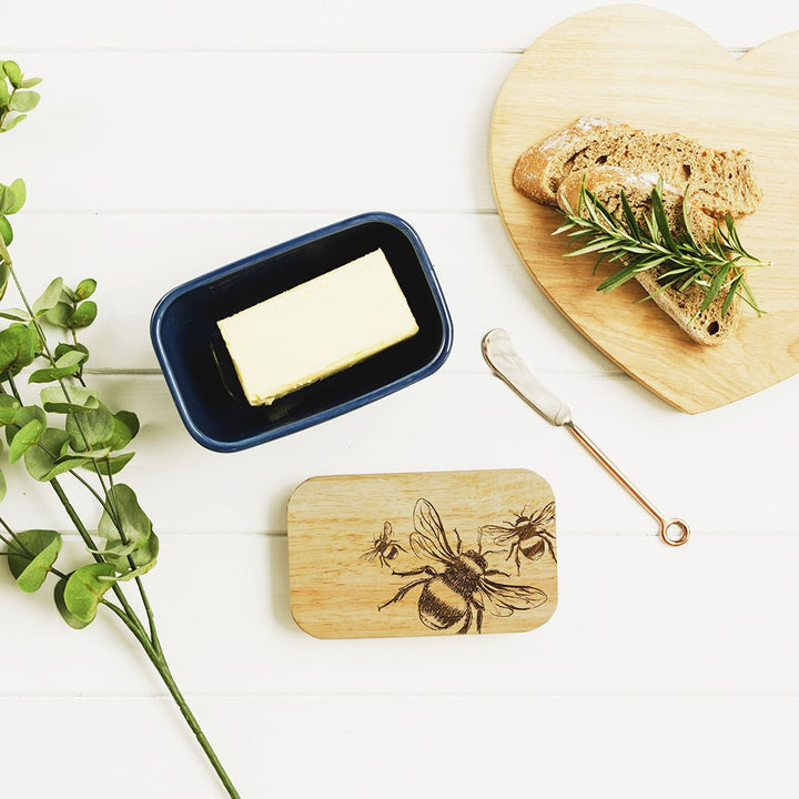 Bee Oak & Ceramic White Butter Dish by Selbrae.