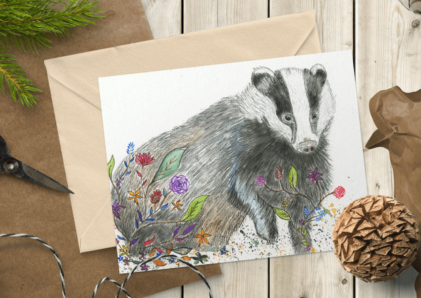 Brockwell the Badger Blank Greetings Eco Card by Jen Winnett