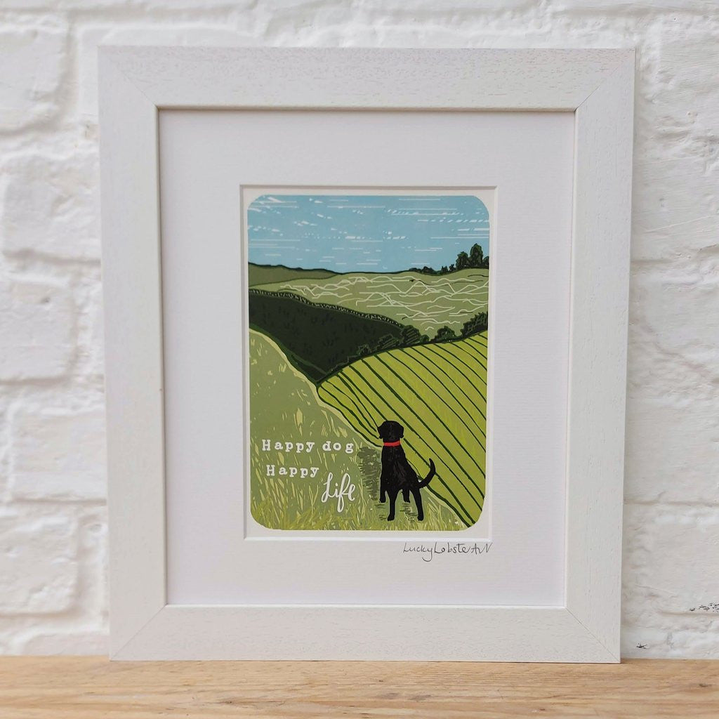 Framed The Great Outdoors print taken from the original lino print artwork from Lucky Lobster Art.