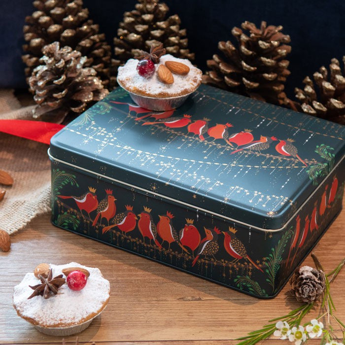 Christmas Row of Robins Deep Rectangular Tin by Sara Miller