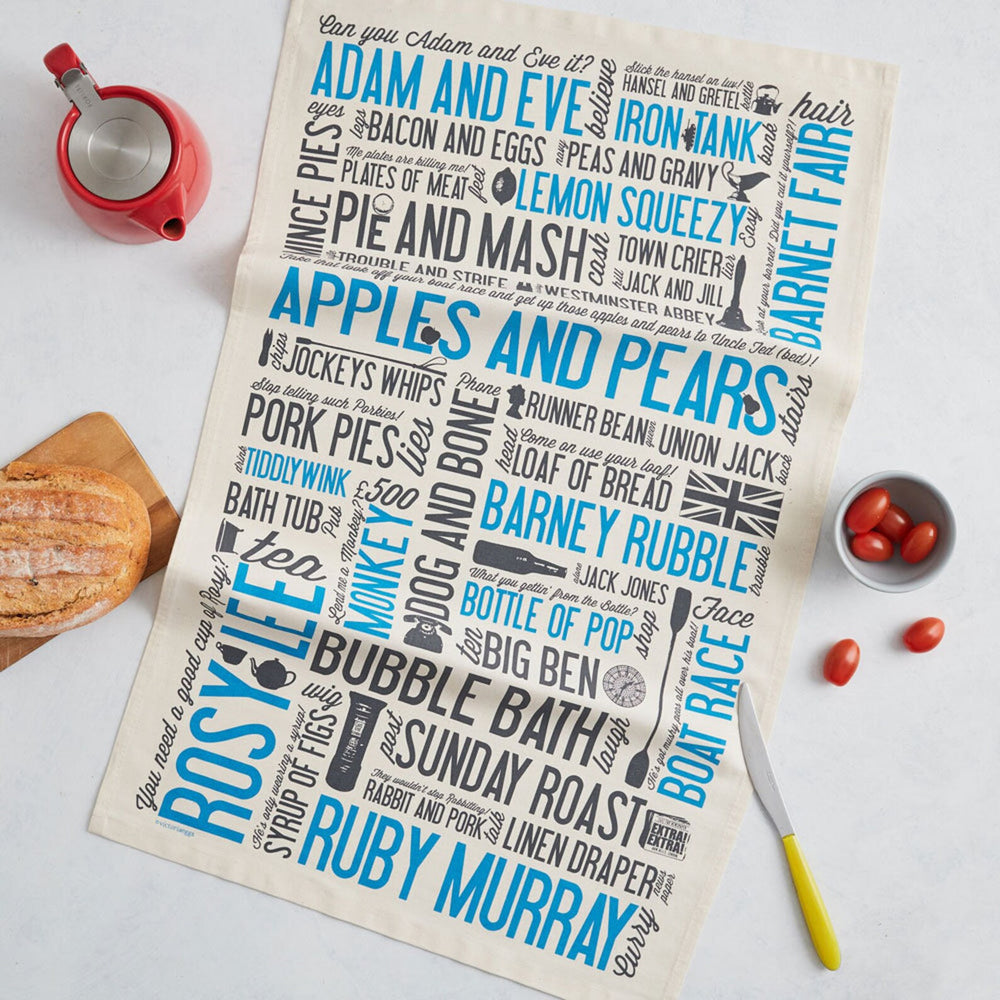 100% cotton Cockney rhyming slang Tea Towel from Victoria Eggs. 