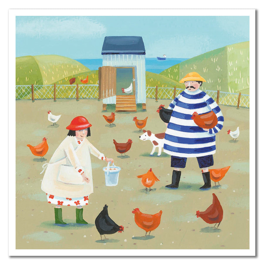 Feeding the Hens Greetings Card by Emma Ball.