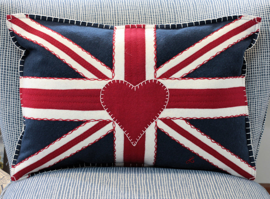 Jan Constantine Union jack navy blue hand-embroidered medium pillow.