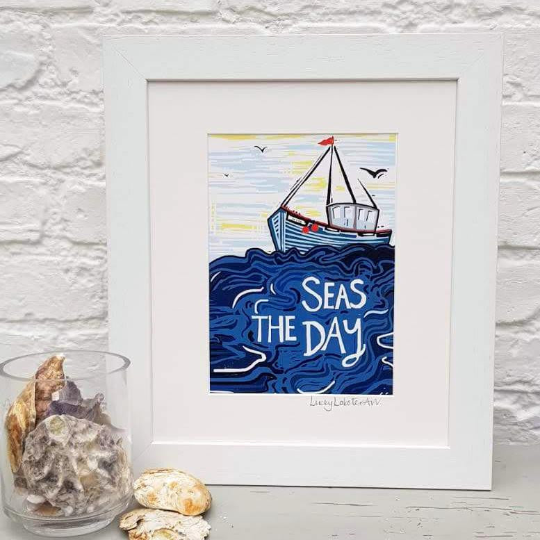 Seas the Day framed print taken from the original lino print artwork from Lucky Lobster Art.