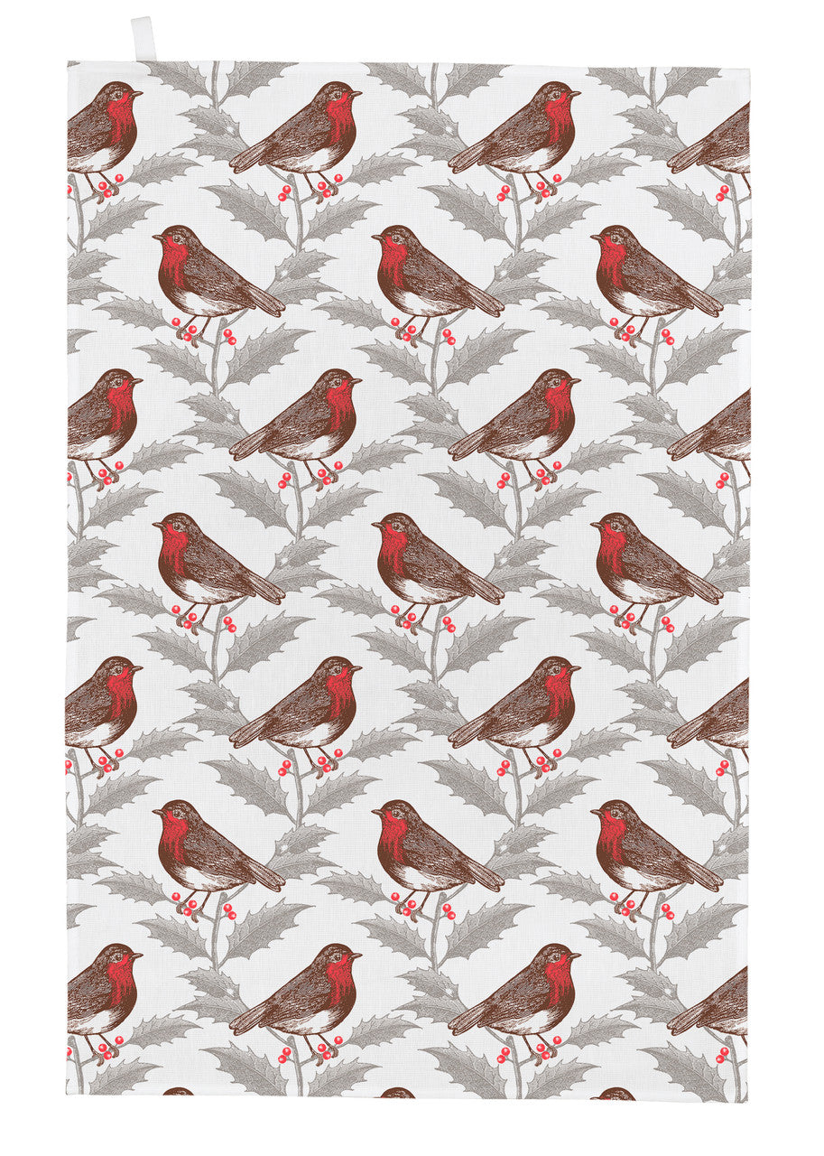 Thornback & Peel Robin & Holly 100% Cotton Tea Towel