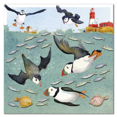 Diving Puffins Greetings Card.