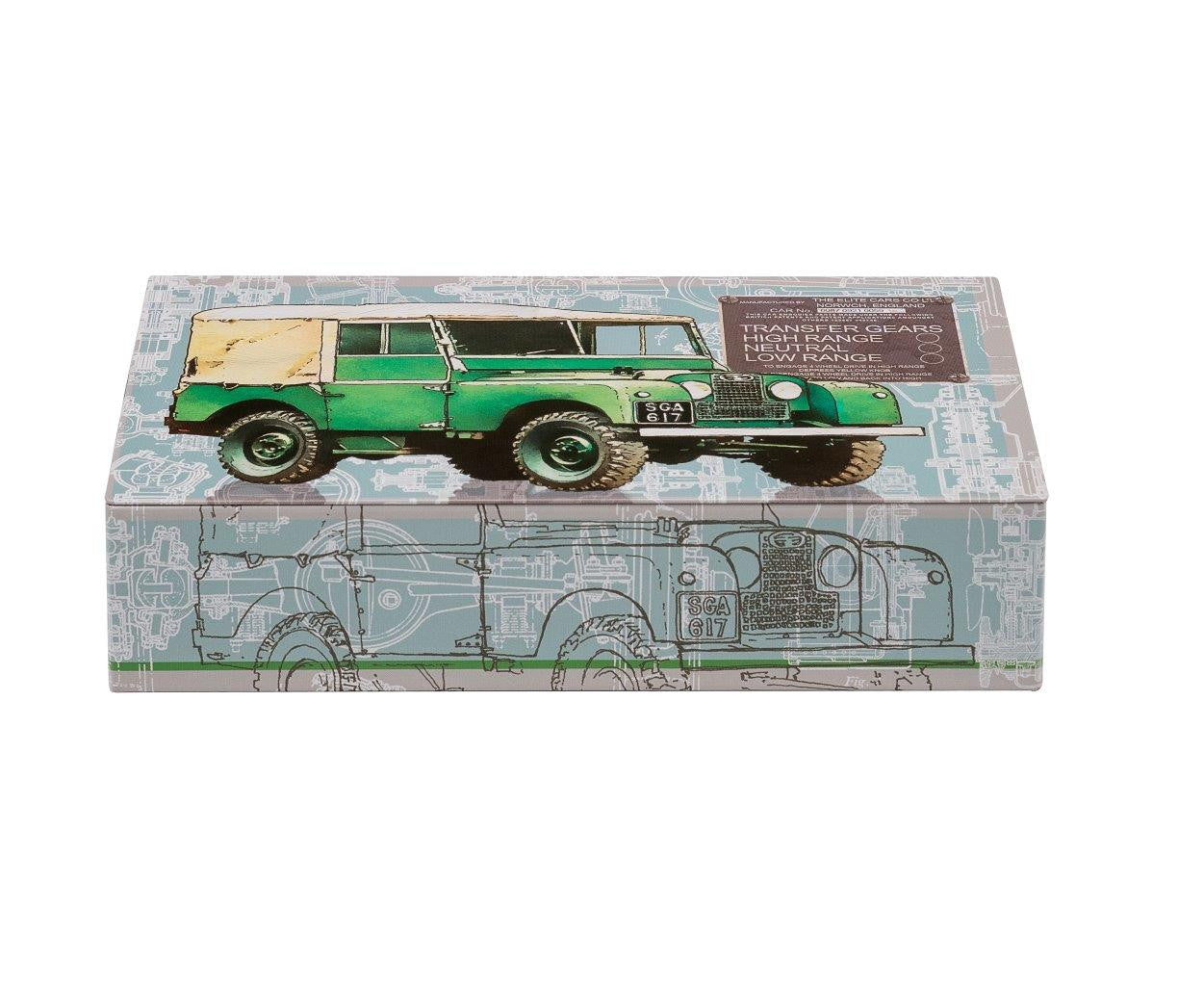 Off Road Small Rectangular Tin with green Land Rover and hinged lid.