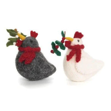 Christmas Chickens with Mistletoe & Holly Sprigs Felt Decorations