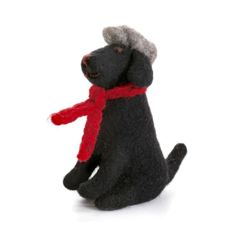 Sitting Black Labrador with Flat Cap & Scarf
