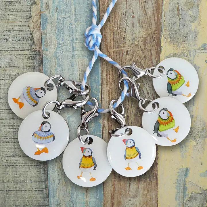 Woolly Puffins Set of 6 Stitch Crochet Markers in a Pocket Tin from Emma Ball.
