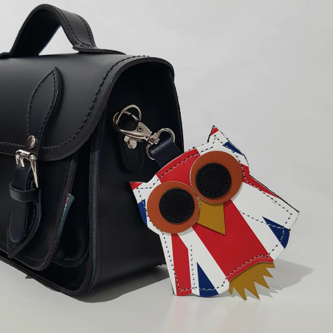 Leather Union Jack Owl Bag Charm by Zatchels.