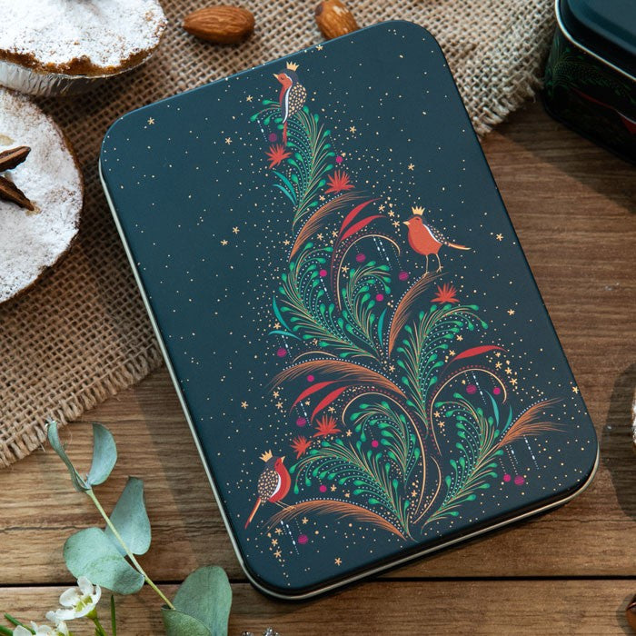 Christmas Robin Tree Small Rectangular Tin by Sara Miller