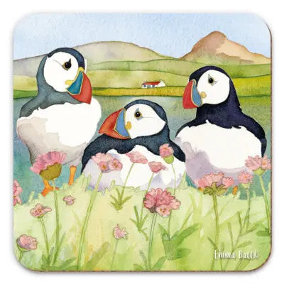 Trio of Sea Thrift Puffins Coster by Emma Ball