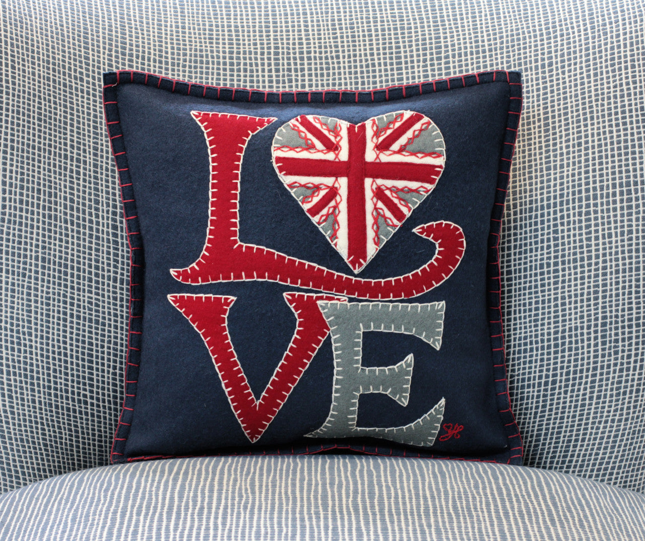 Hand embroidered Union Jack Heart pillow from British designer Jan Constantine.