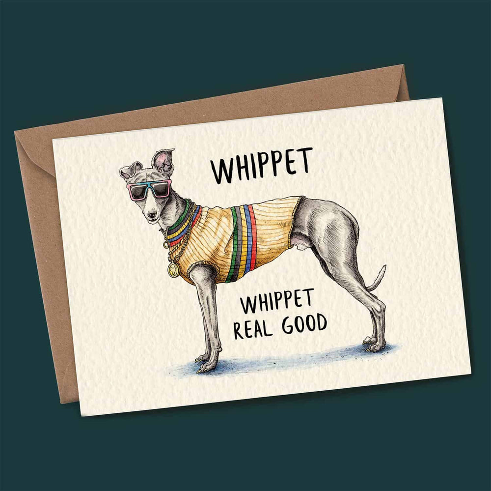 Whippet Greetings Card by Bewilderbeest.