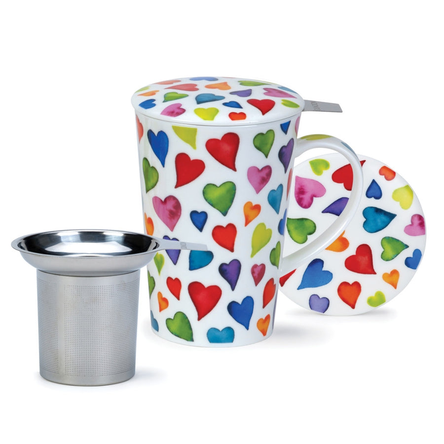 Dunoon fine bone china Warm Hearts mug and infuser set in the Glencoe shape. Handmade in England.