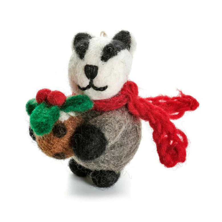 Badger with Christmas Pudding Felt Decoration