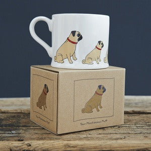 Boxed pottery pug mug from Sweet William Designs.