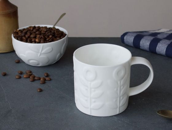 Repeat Repeat's White Bone China Medium Tom Tom Laurel mug. Made in England.