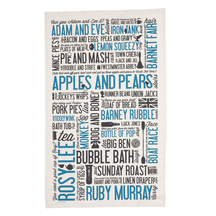 100% cotton Cockney rhyming slang Tea Towel from Victoria Eggs. 