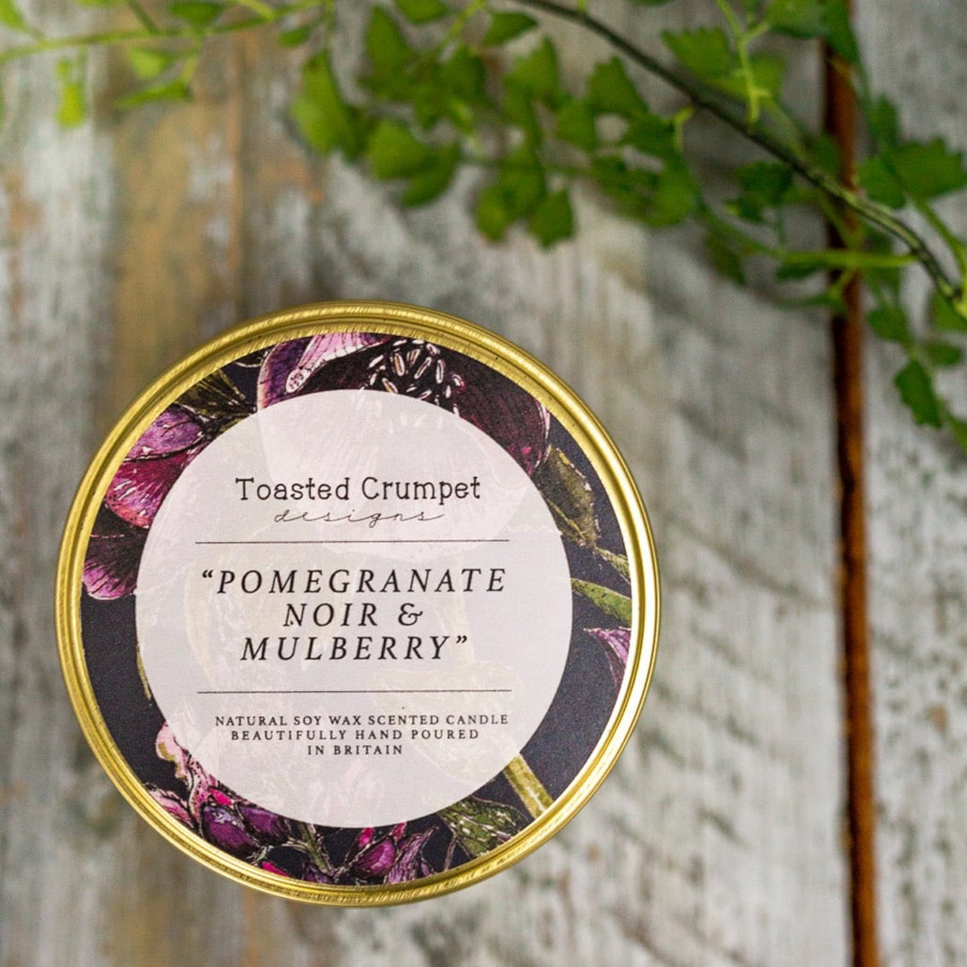 Pomegranate Noir Candle in a Matt Gold Tin by Toasted Crumpet.