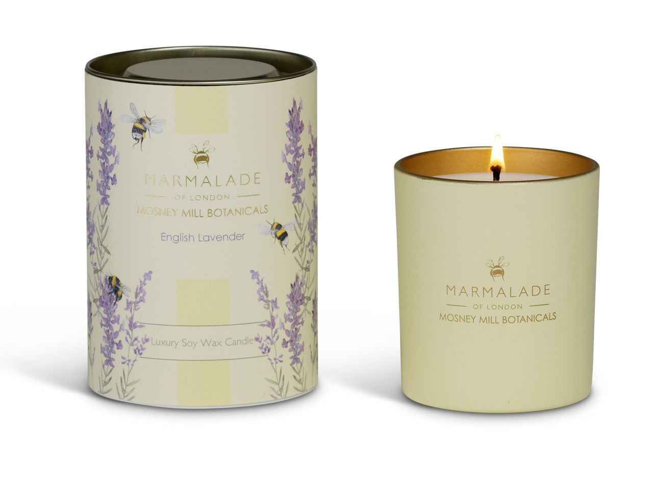 English Lavender glass candle from Mosney Mill. Made by Marmalade of London.