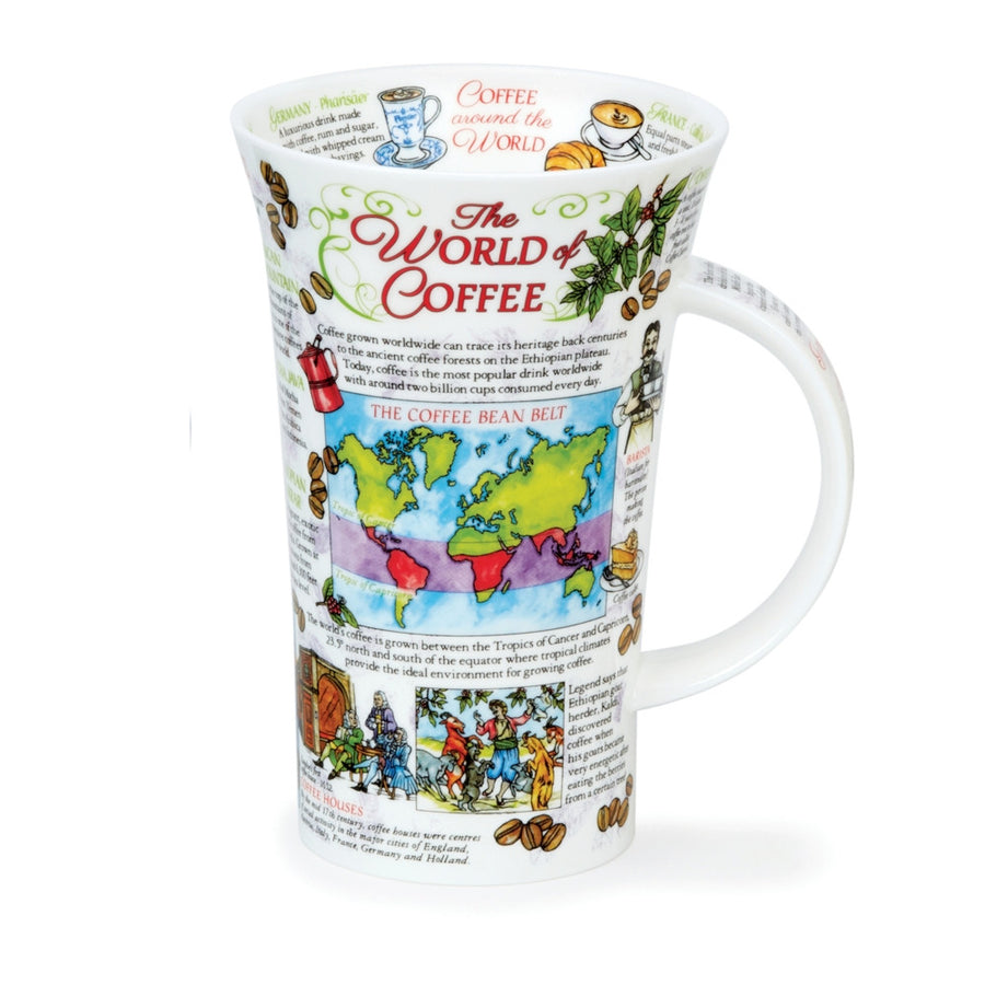 Dunoon fine bone china World of Coffee Glencoe shape mug. Made in England.