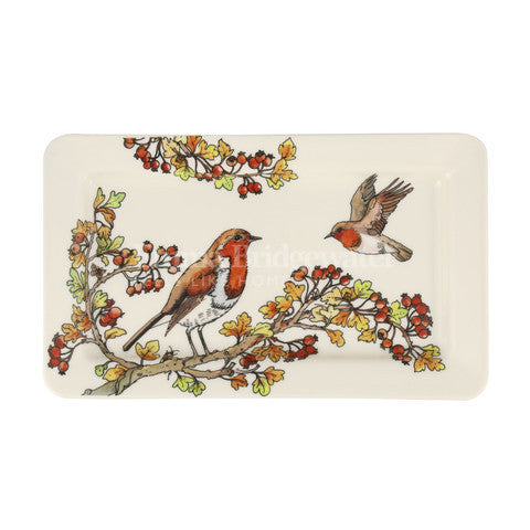 Handmade medium oblong plate in Emma Bridgewater's Birds in the Hedgerow Rosehip & Robin pattern.
