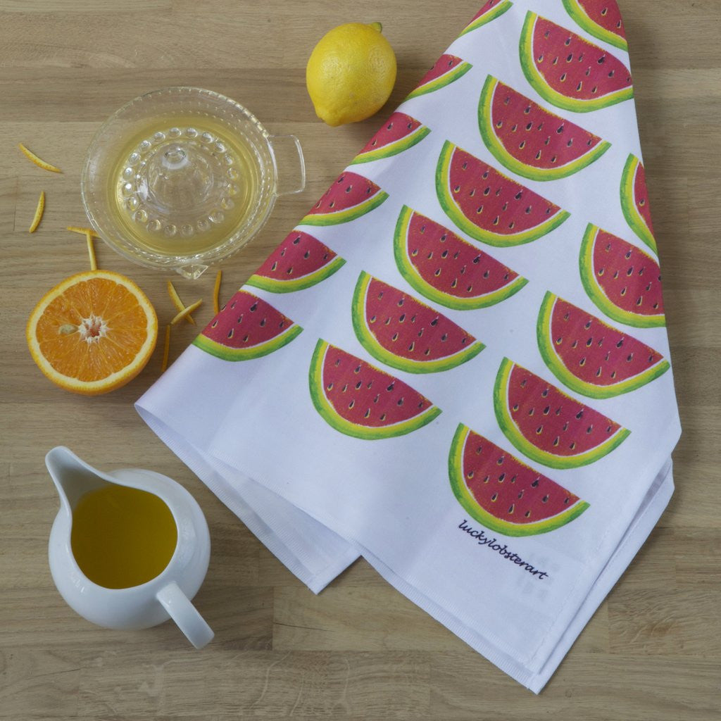 Watermelon tea towel with design from the original lino print artwork from Lucky Lobster Art in England.