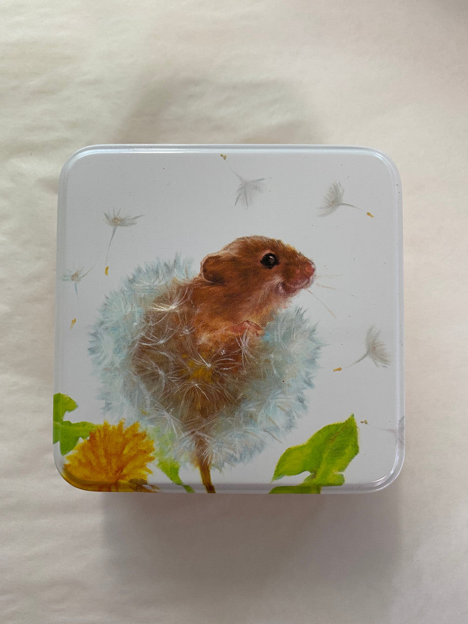 Jo Stockdale Countryside Friends Small Square Tins. Mouse with Dandelion.