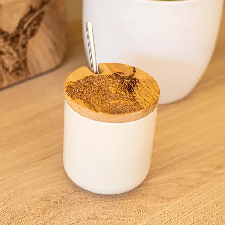 Highland Cow Oak & Ceramic Jar & Spoon Set by Selbrae.