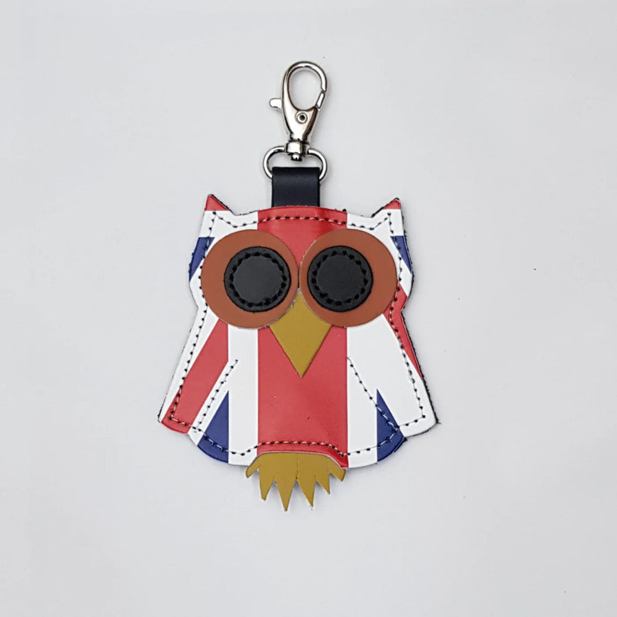Leather Union Jack Owl Bag Charm by Zatchels.