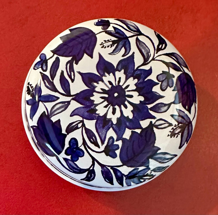 Blue and White mini round tins by Claire Winteringham - White Background with Larger Flowers